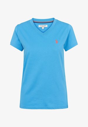 Svijetloplavi U.S. Polo Assn. T-shirt s V-izrezom, kratkim rukavima i malim ružičastim izvezenim logotipom na lijevoj prsnoj strani.