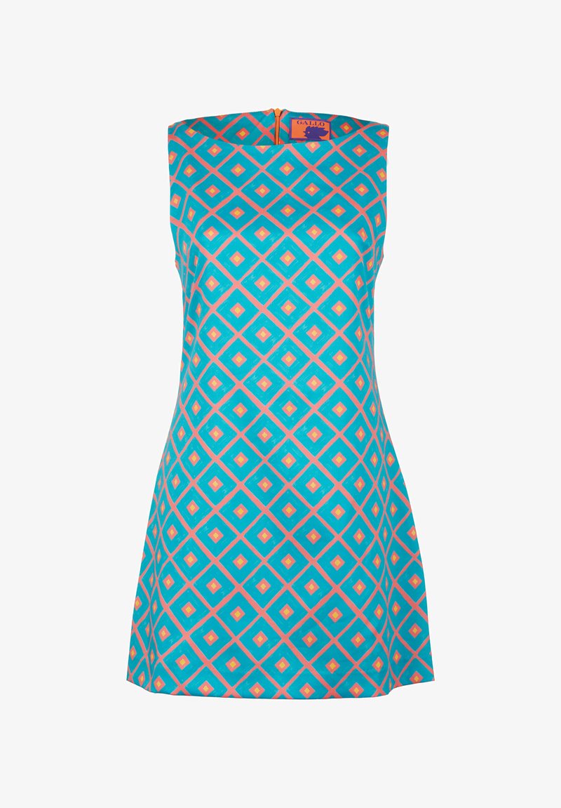 Ein ärmelloses türkisfarbenes Kleid mit einem geometrischen Diamantenmuster in Koralle und Gelb. Reißverschluss hinten, knielange Design.