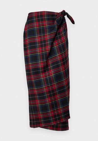 Black, red, and blue plaid wrap skirt with a tied knot detail at the waist. Made from a soft fabric with a smooth texture. Hem falls just below the knee.