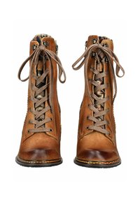 Pair of brown leather lace-up ankle boots with patterned inner lining and black rubber soles, viewed from the front.