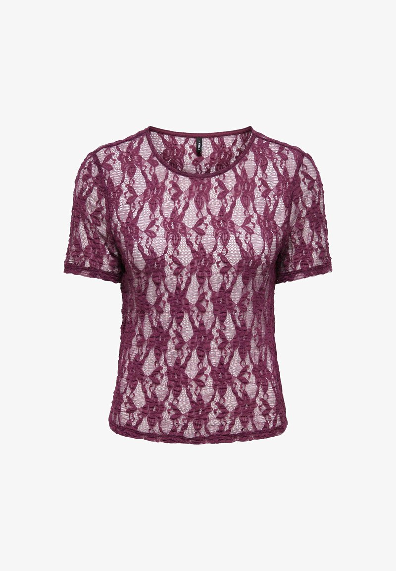 Top en dentelle violette à manches courtes et col rond avec motif floral, tissu semi-transparent et coupe régulière.