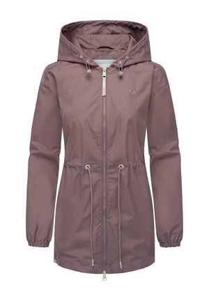 Lekka, mauve'owa kurtka z kapturem, z paskiem ściągającym w talii, elastycznymi mankietami, pełnym zamkiem błyskawicznym i małym logo na klatce piersiowej. Gładka tekstura materiału.