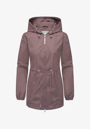 Lekka, mauve'owa kurtka z kapturem, z paskiem ściągającym w talii, elastycznymi mankietami, pełnym zamkiem błyskawicznym i małym logo na klatce piersiowej. Gładka tekstura materiału.