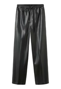 Black faux leather trousers with a wide leg design, elastic waistband, and drawstring, featuring a smooth texture and minimal detailing.
