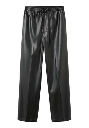 Black faux leather trousers with a wide leg design, elastic waistband, and drawstring, featuring a smooth texture and minimal detailing.