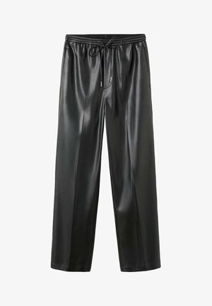 Black faux leather trousers with a wide leg design, elastic waistband, and drawstring, featuring a smooth texture and minimal detailing.