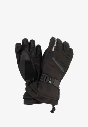 Zwarte geïsoleerde handschoenen van zacht materiaal, met een verstevigde palm, verstelbare banden en een ritszak op de rug.