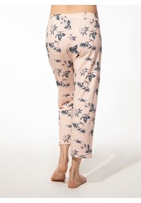 Lichtroze broek met een bloemig marineblauw patroon, cropped ontwerp, elastische tailleband en zachte, gestructureerde stof.