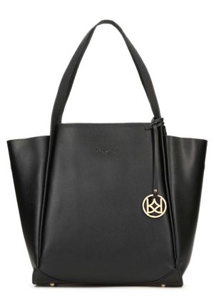 Sac fourre-tout en cuir noir avec logo embossé, poignées texturées, forme symétrique et accents en doré. Comprend un pendentif charm.