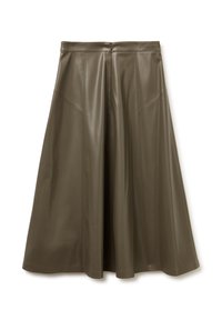 Hnědá kožená midi sukně s hladkým povrchem, rozšířeným designem a švy. Obsahuje diskrétní zapínání na zip na zadní straně.
