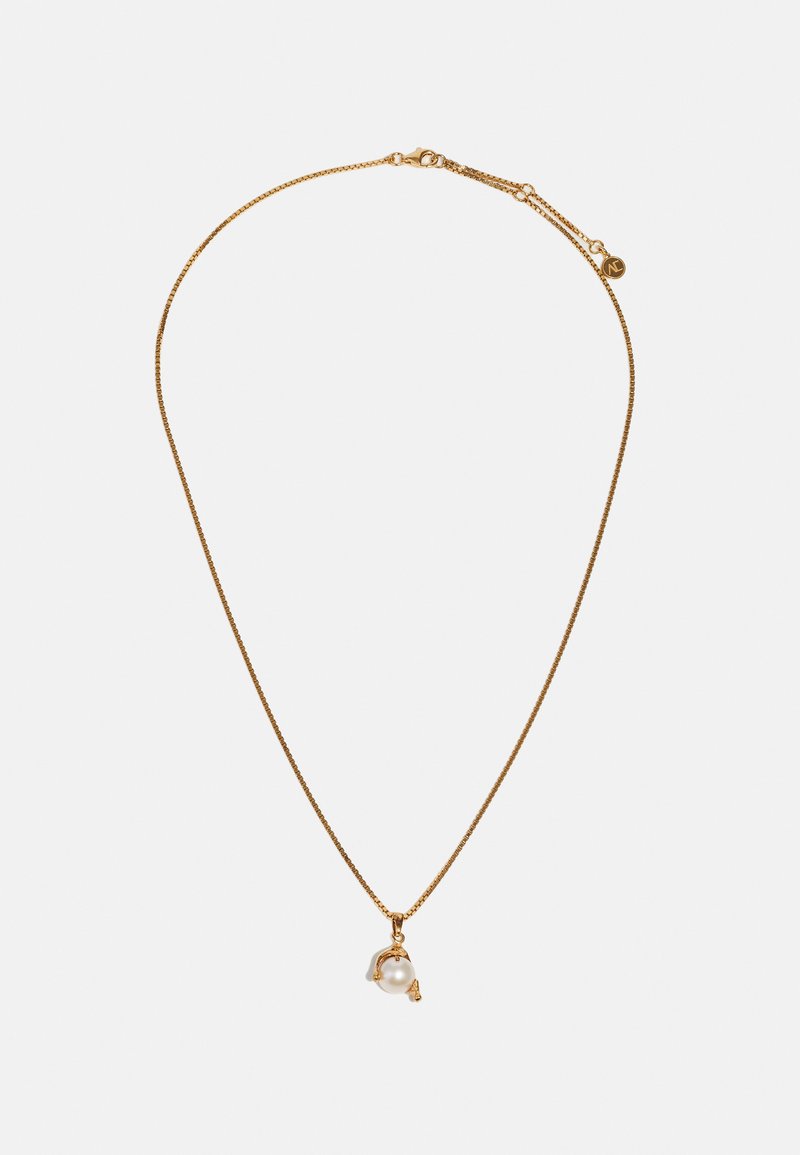 Gold chain necklace featuring a round pearl pendant with a simple clasp and adjustable length for a customized fit.