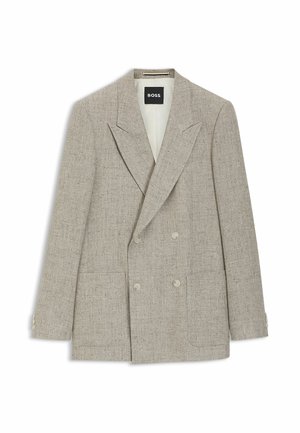 Beiger Doppelreiher-Blazer mit breiten Revers, zwei Fronttaschen, geknöpften Manschetten und einem BOSS-Label innen im Kragen.