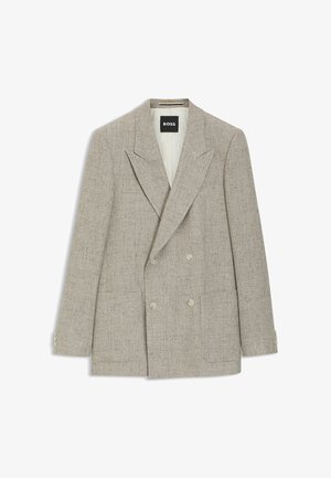 Beiger Doppelreiher-Blazer mit breiten Revers, zwei Fronttaschen, geknöpften Manschetten und einem BOSS-Label innen im Kragen.