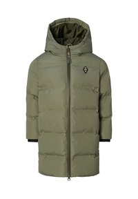 Olivgrüne Pufferjacke mit Reißverschluss vorne, Kapuze und schwarzen Akzenten an den Bündchen. Verfügt über ein Diamantenlogo auf der linken Brust.