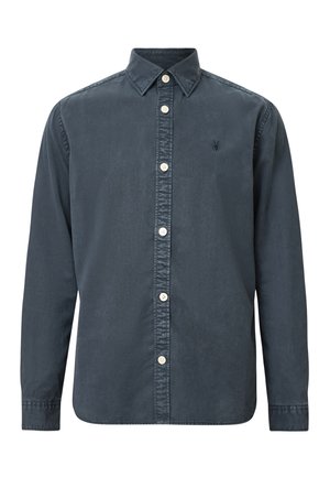 Camicia a bottoni in cotone blu scuro con colletto a punte, maniche lunghe e bottoni bianchi. Presenta un piccolo logo ricamato sul petto.