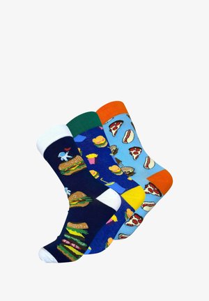 Bunte Baumwollsocken mit Essensmotiven: marineblau mit Burgern, blau mit Pizza und Hotdogs sowie lebhaften Mustern. Jede hat kontrastierende Bündchen.