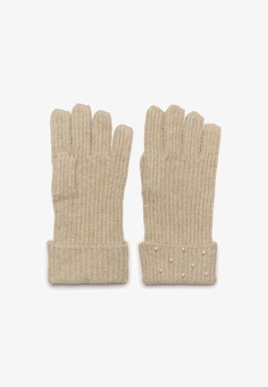 Beez ribbiga kudumistöid, millel on mansett; ühel mansetil on väikesed pärliaksessuaarid. Pehme tekstuur ja klassikaline viie sõrme disain.