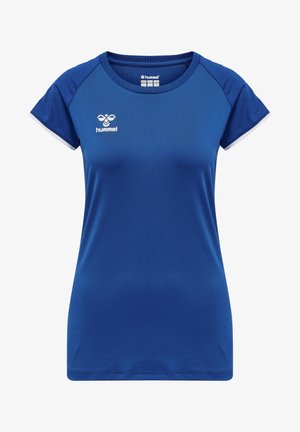 Blauw sportshirt van gladde stof. Heeft korte mouwen, een ronde halslijn en witte accenten op de mouwranden. Logo op de borst.