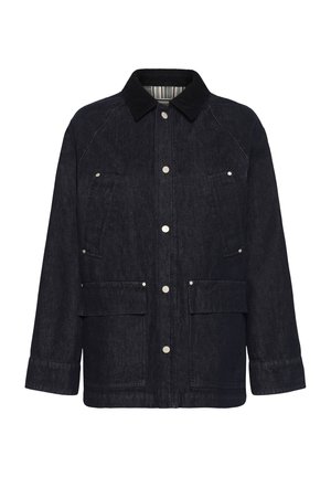 Donkerdenim jacket met een corduroy kraag, drukknoopsluitingen, twee borstzakken en twee onderste zakken. Heeft een rechte snit en nette stiksels.