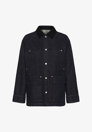 Temno modra jeans jakna s žametalnim ovratnikom, zaponkami na pritisnjenje, dvema žepoma na prsih in dvema spodnjima žepoma. Ima ravno krojeno silhueto in čiste šive.