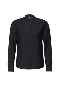 Camicia nera con colletto a band, maniche lunghe e una texture liscia. Presenta una chiusura frontale con bottoni e una vestibilità su misura.