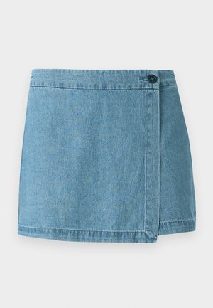 Denim skirt in light blue, featuring a wrap-around design with a single button closure and stitched hem. Smooth texture with no patterns.