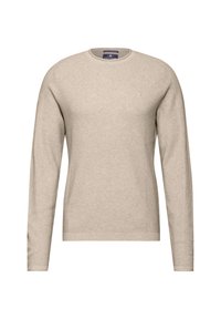 Beige long-sleeve sweater with a ribbed texture, round neck, and a small logo on the chest. Fabric appears soft and lightweight.