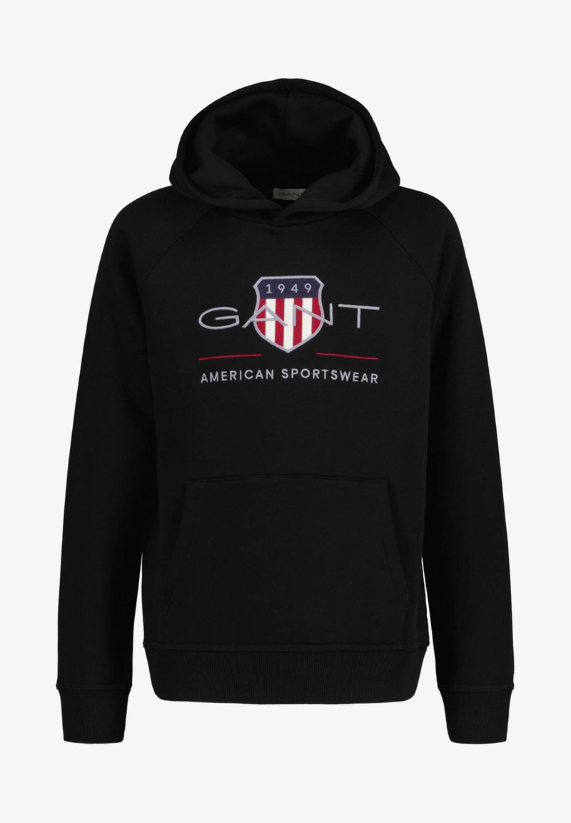 Felpa nera con cappuccio in cotone, dotata di una tasca a marsupio sul davanti e un design grafico con un logo a scudo rosso e blu e il testo "GANT".