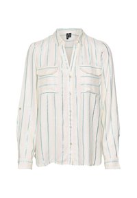 Blouse légère à manches longues en crème avec des rayures turquoise horizontales, dotée d'un col en V, de deux poches poitrine et de fermetures à boutons.
