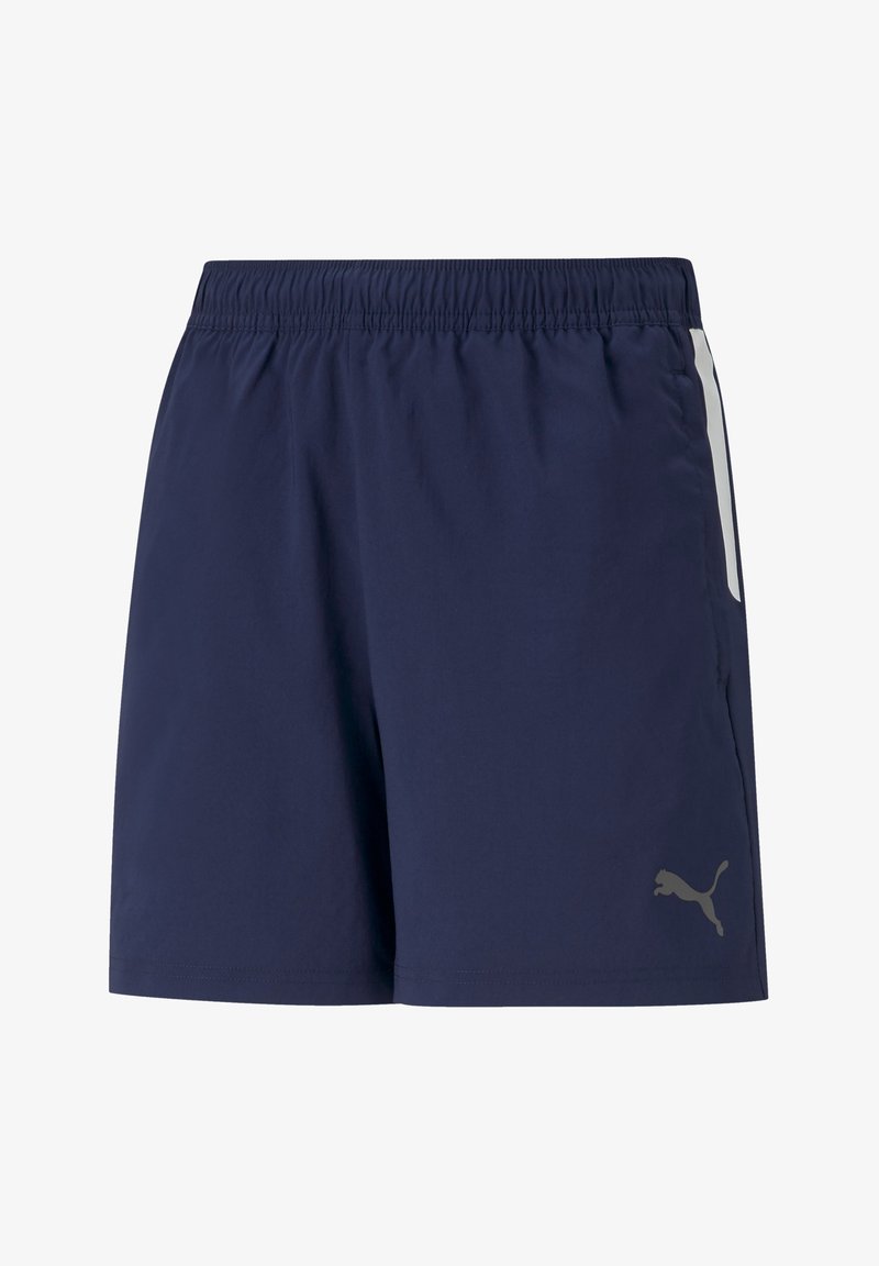 Dunkelblaue Sportshorts aus leichtem Material, mit einem elastischen Bund, Seitentaschen und einem reflektierenden Logo am Saum.