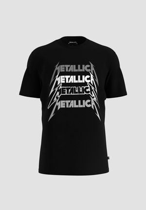 Schwarzes Baumwoll-T-Shirt mit wiederholtem "Metallica"-Text in Silber und gezackten Blitzakzenten. Rundhalsausschnitt und kurze Ärmel.