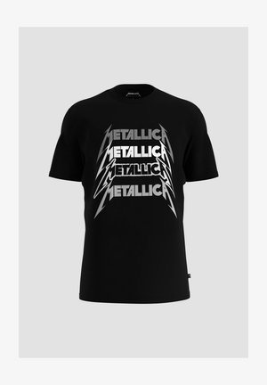Schwarzes Baumwoll-T-Shirt mit wiederholtem "Metallica"-Text in Silber und gezackten Blitzakzenten. Rundhalsausschnitt und kurze Ärmel.