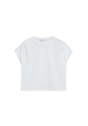 Camiseta blanca corta de manga corta con cuello redondo y etiqueta pequeña en el interior del cuello sobre fondo blanco liso.