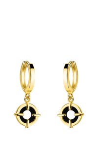 Orecchini a cerchio in oro con un accento circolare nero al centro, caratterizzati da una finitura liscia e quattro artigli metallici per dettagli.