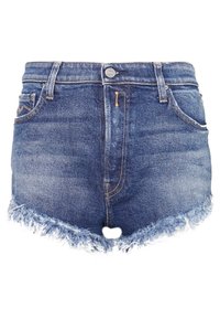 Denim-shortsit, joissa on haalistunut sininen väri, rispaantunut helma, viisi taskua ja klassinen napitus vyötäröllä.