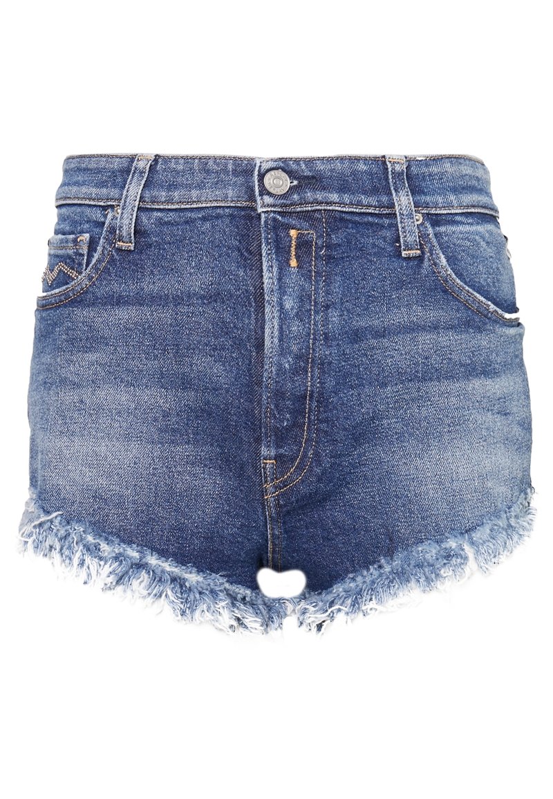 Denim-shortsit, joissa on haalistunut sininen väri, rispaantunut helma, viisi taskua ja klassinen napitus vyötäröllä.