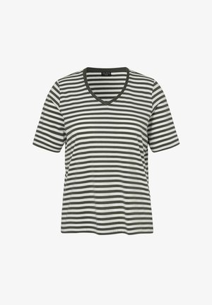 Striped t-shirt with a V-neck, featuring alternating olive green and white horizontal stripes. Made of soft, stretchy fabric with short sleeves.