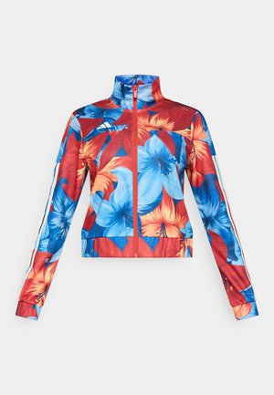 Floral zip-up jacket featuring large red and blue hibiscus patterns, side stripes, and a stand collar for a modern sporty look.