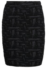 Black pencil skirt featuring a textured pattern, fitted shape, and a straight hem. Made from woven fabric with subtle sheen.