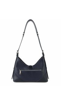 Borsa a tracolla in pelle blu scuro con forma curvilinea, tracolla regolabile e tasca con zip sul davanti. Superficie testurizzata con dettagli di design a contrasto.