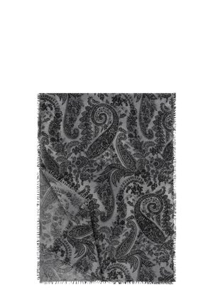 Gray fabric with black intricate paisley patterns and fringed edges, partially folded to show texture and detail.