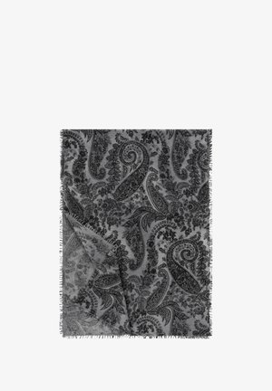 Gray fabric with black intricate paisley patterns and fringed edges, partially folded to show texture and detail.