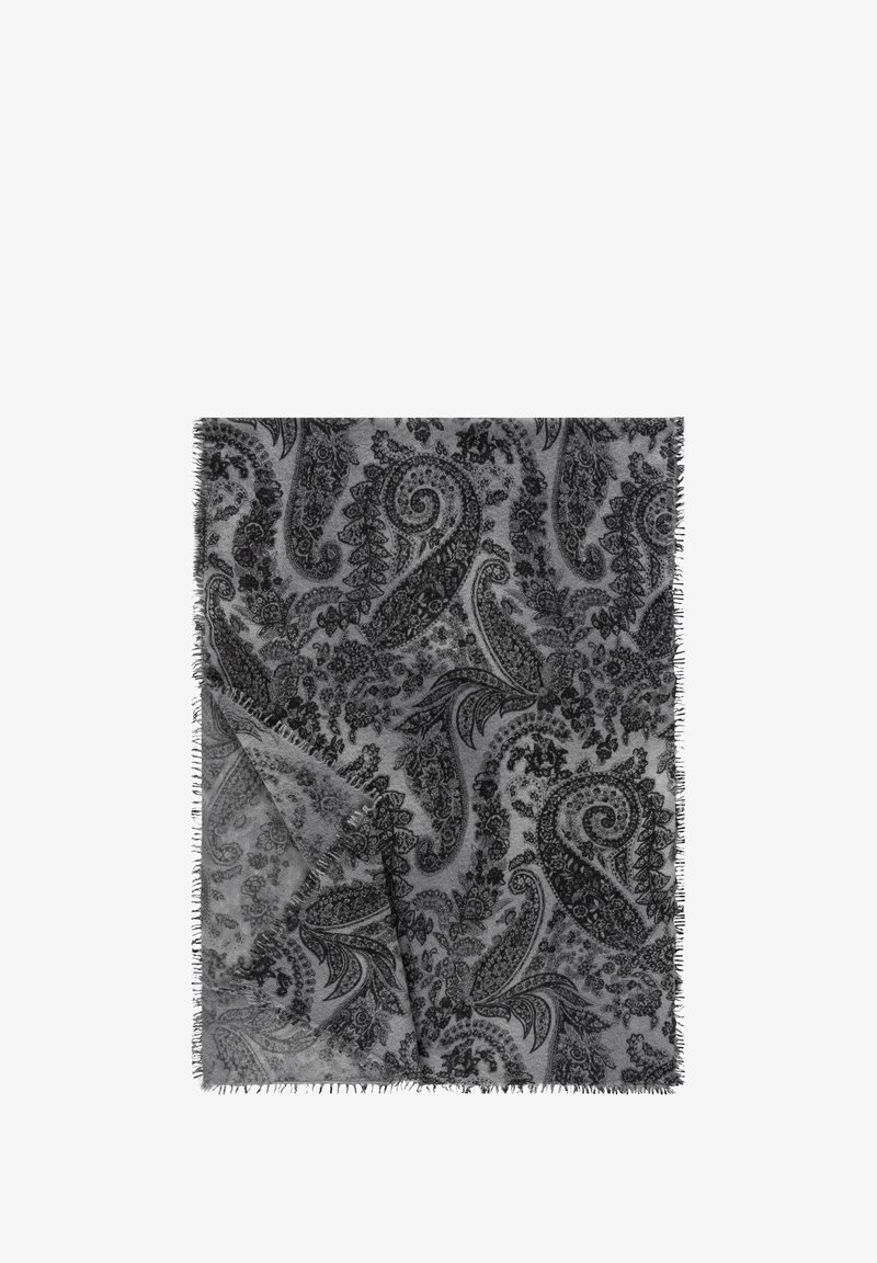 Gray fabric with black intricate paisley patterns and fringed edges, partially folded to show texture and detail.