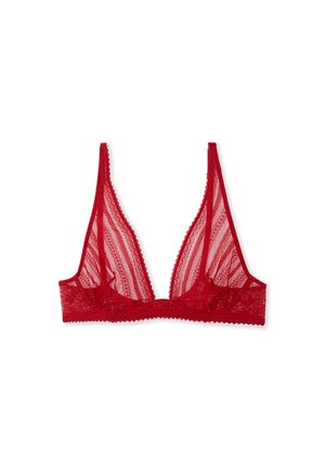 Bralette rosso in pizzo a forma triangolare, realizzato in tessuto trasparente, con bordi ondulati e delicati dettagli di cucitura. Senza ferretto.
