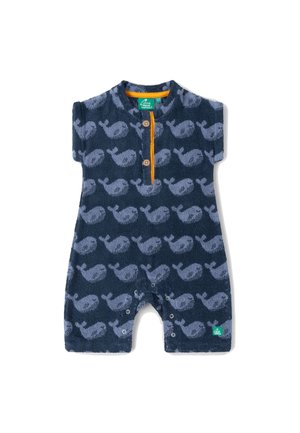 Navy blue toddler romper with light blue whale pattern, short sleeves, snaps at the legs, wood-colored buttons, and orange trim at the neckline.