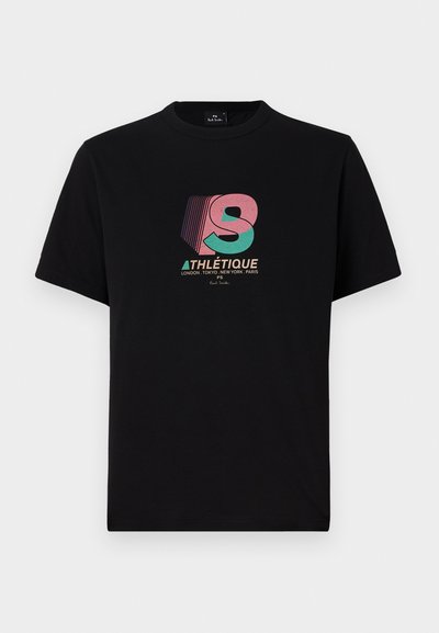 Black cotton T-shirt with short sleeves features a multi-colored graphic design reading "ATHLÉTIQUE" and stylized "S" on the front.