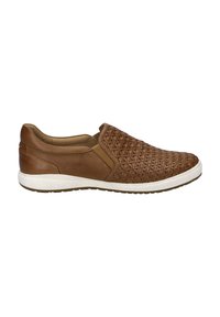 Brown slip-on shoes with a woven leather upper, smooth accents, a padded collar, and a white rubber sole. Flat profile and textured design.