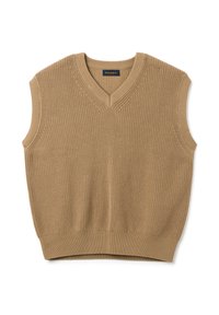 Beige ärmelloser Strickpullover mit V-Ausschnitt, strukturiertem Stoff und geripptem Saum. Markenlabel "PIOMBO" befindet sich am Ausschnitt.