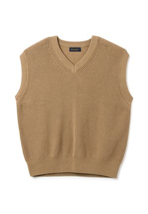 Beige ärmelloser Strickpullover mit V-Ausschnitt, strukturiertem Stoff und geripptem Saum. Markenlabel "PIOMBO" befindet sich am Ausschnitt.