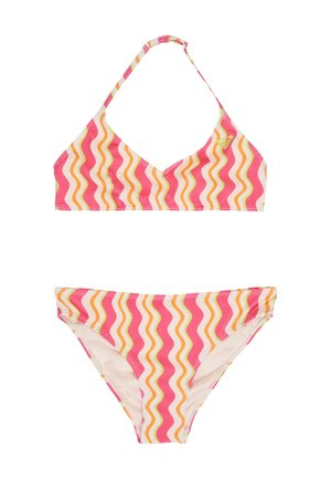 Zweiteiliger Bikini mit wellenförmigen Streifen in Pink, Orange und Weiß, bestehend aus einem Neckholder-Oberteil und passenden tief sitzenden Hosen.